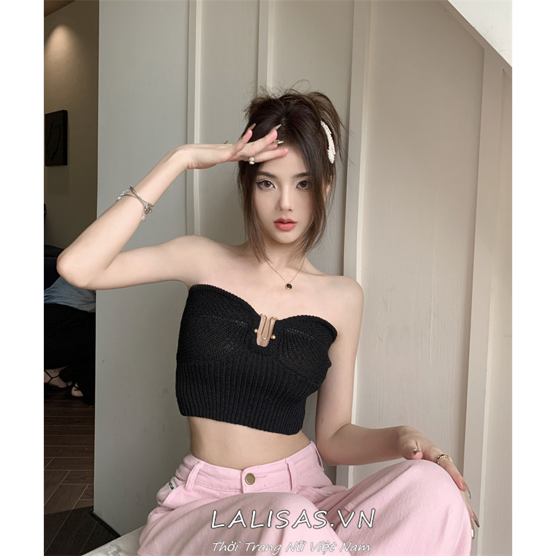 Lalisas Áo Ngực Dệt Kim Dáng Ngắn Màu Đen Khoét Rỗng Thiết Kế Quyến Rũ Cho Nữ