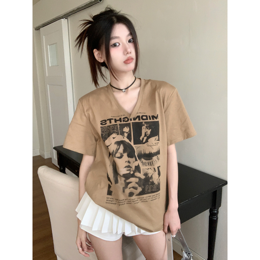 Áo Thun Tay Ngắn Cổ Chữ V Dáng Rộng In Họa Tiết Sáng Tạo Kiểu retro Mỹ Thời Trang Cho Nữ