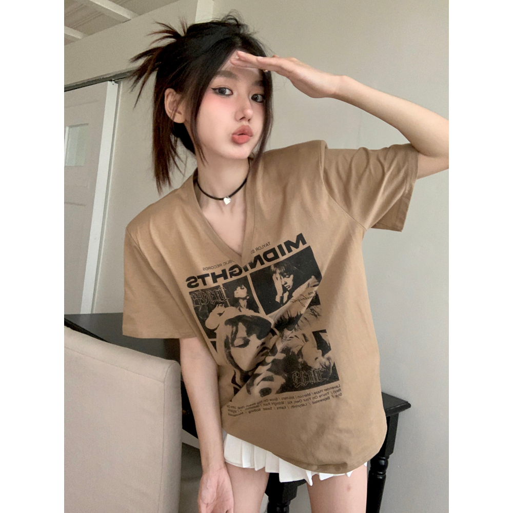 Áo Thun Tay Ngắn Cổ Chữ V Dáng Rộng In Họa Tiết Sáng Tạo Kiểu retro Mỹ Thời Trang Cho Nữ