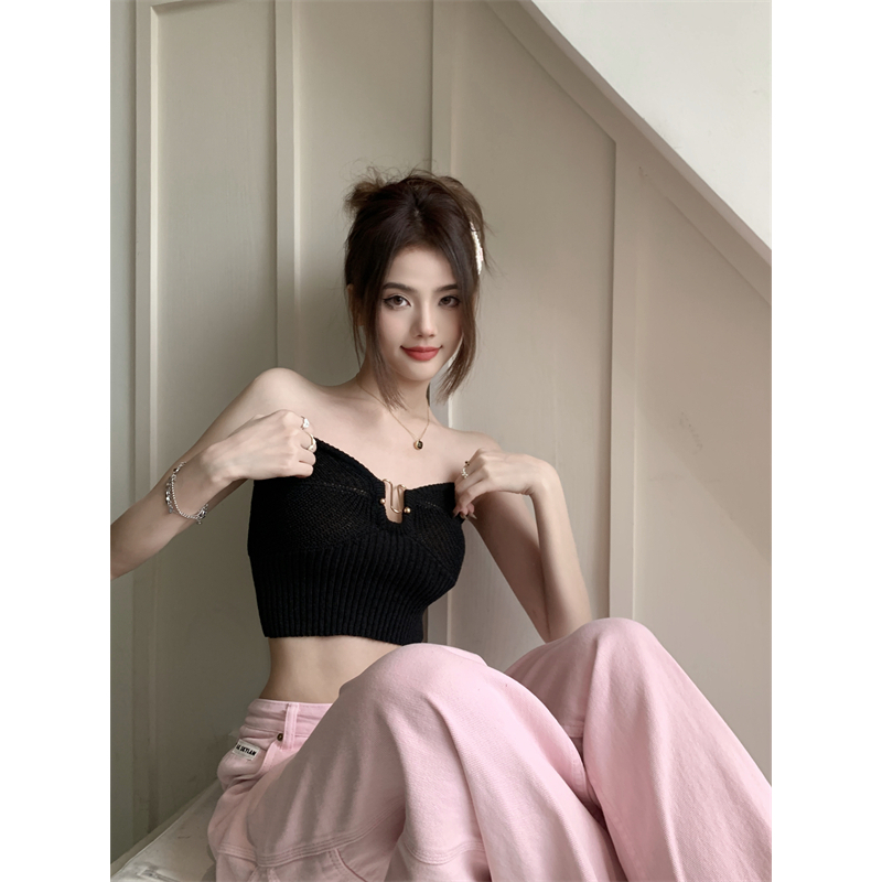 Lalisas Áo Ngực Dệt Kim Dáng Ngắn Màu Đen Khoét Rỗng Thiết Kế Quyến Rũ Cho Nữ