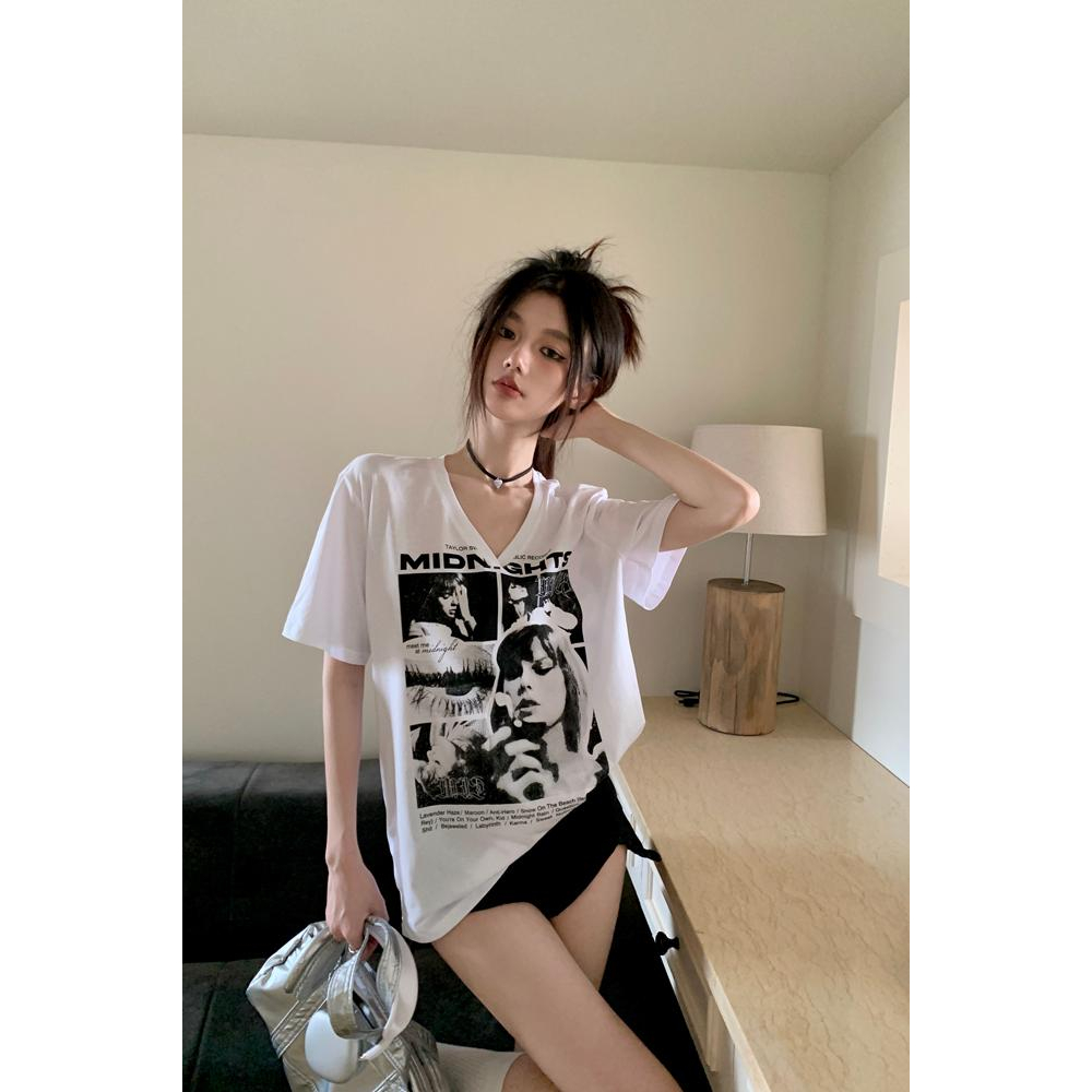 Áo Thun Tay Ngắn Cổ Chữ V Dáng Rộng In Họa Tiết Sáng Tạo Kiểu retro Mỹ Thời Trang Cho Nữ