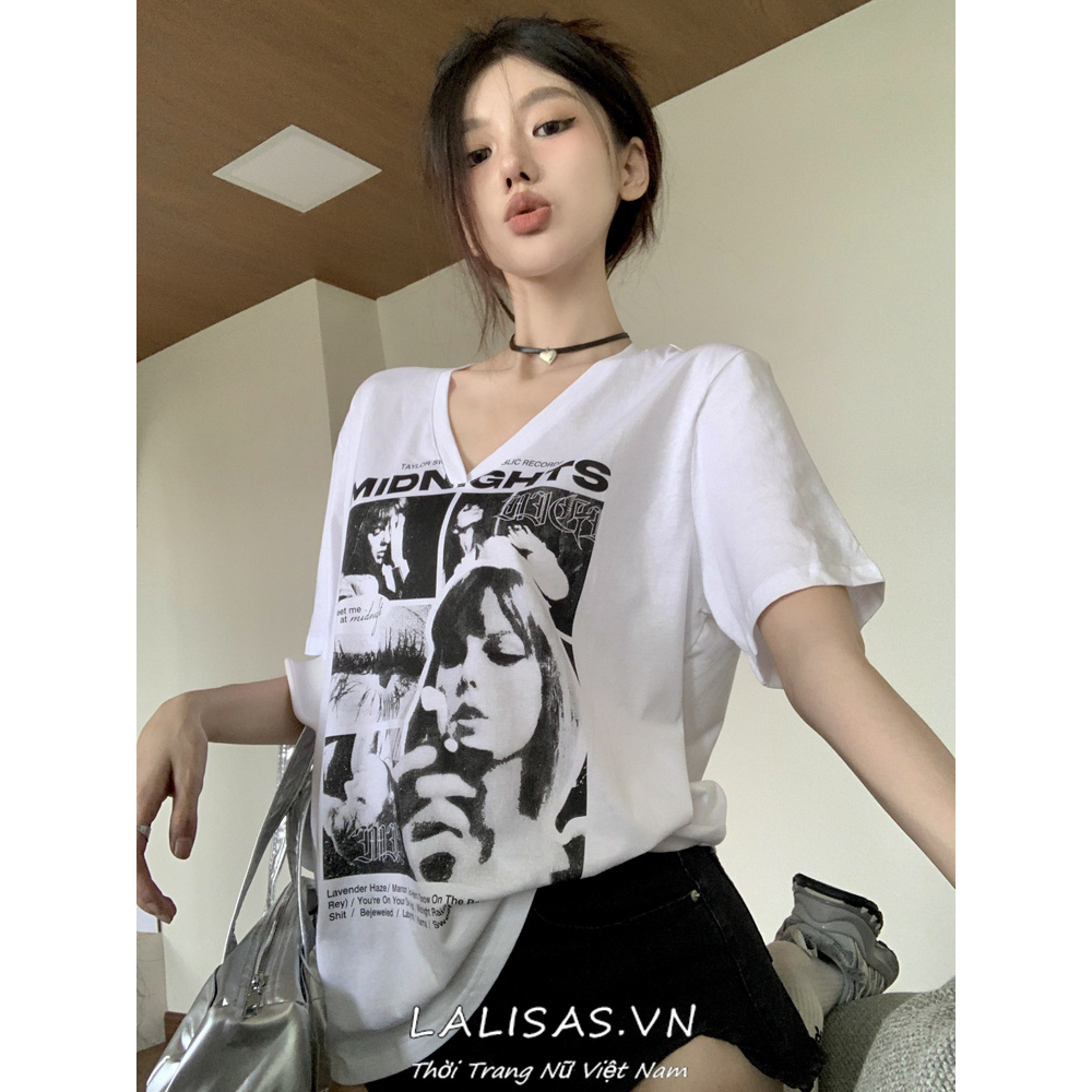 Áo Thun Tay Ngắn Cổ Chữ V Dáng Rộng In Họa Tiết Sáng Tạo Kiểu retro Mỹ Thời Trang Cho Nữ