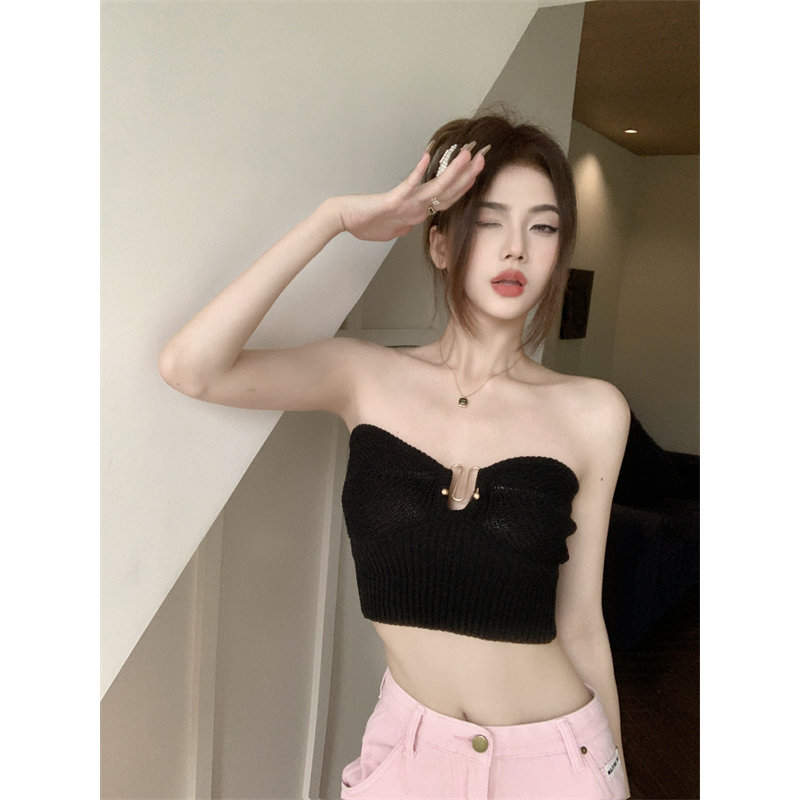 Lalisas Áo Ngực Dệt Kim Dáng Ngắn Màu Đen Khoét Rỗng Thiết Kế Quyến Rũ Cho Nữ