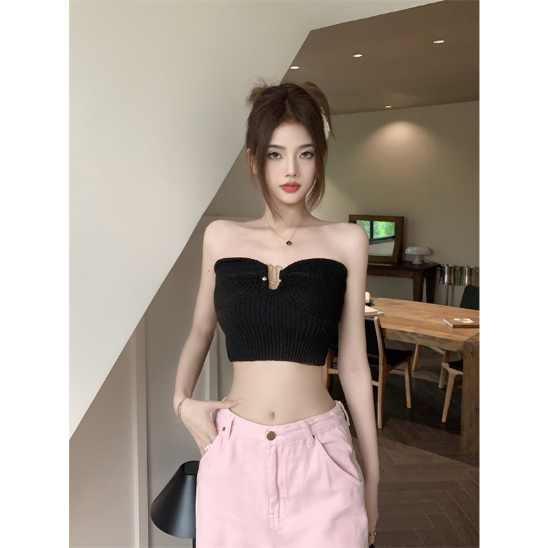 Lalisas Áo Ngực Dệt Kim Dáng Ngắn Màu Đen Khoét Rỗng Thiết Kế Quyến Rũ Cho Nữ