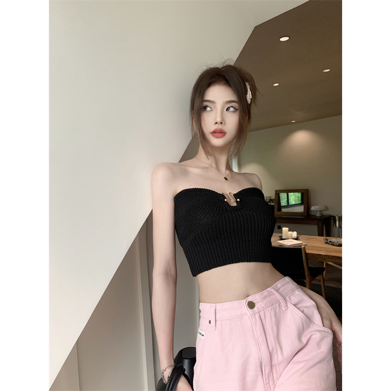 Lalisas Áo Ngực Dệt Kim Dáng Ngắn Màu Đen Khoét Rỗng Thiết Kế Quyến Rũ Cho Nữ