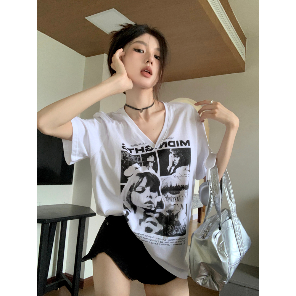 Áo Thun Tay Ngắn Cổ Chữ V Dáng Rộng In Họa Tiết Sáng Tạo Kiểu retro Mỹ Thời Trang Cho Nữ