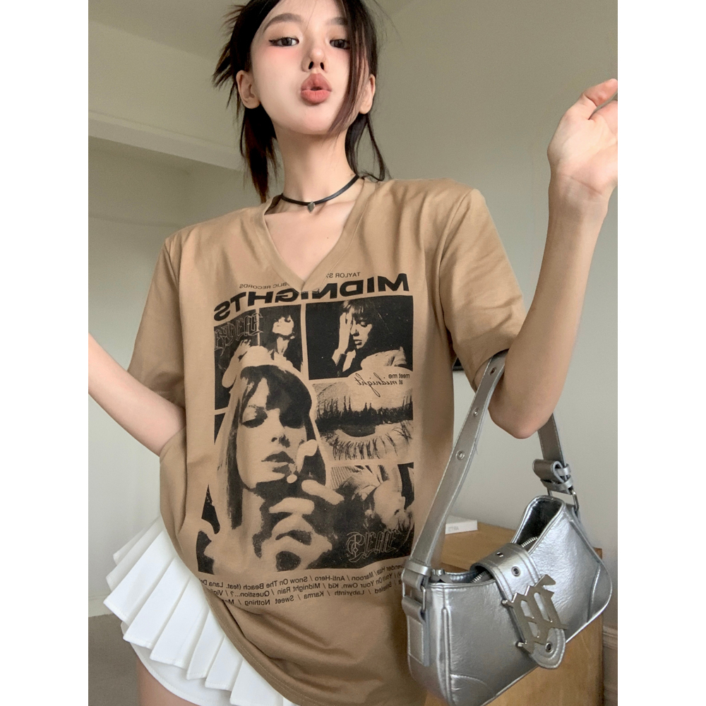 Áo Thun Tay Ngắn Cổ Chữ V Dáng Rộng In Họa Tiết Sáng Tạo Kiểu retro Mỹ Thời Trang Cho Nữ