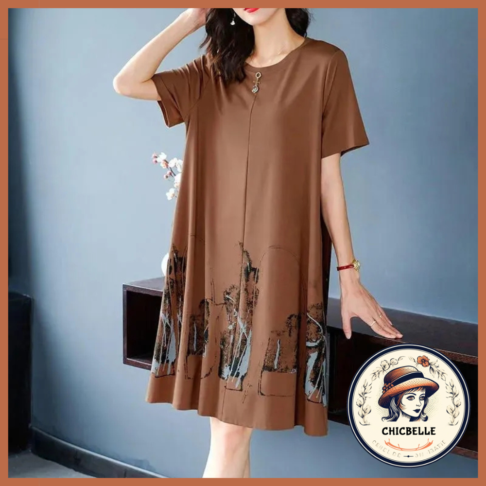 Đầm trung niên Bigsize Váy trung niên cho mẹ suông tay ngắn cổ tròn mùa hè Phong cách Hàn Quốc Thời Trang cho người mập béo 3 màu ChicBelle