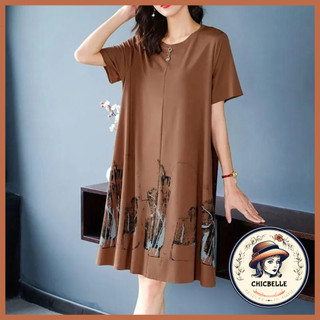 Đầm trung niên Bigsize Váy trung niên cho mẹ suông tay ngắn cổ tròn mùa hè Phong cách Hàn Quốc Thời Trang cho người mập béo 3 màu ChicBelle