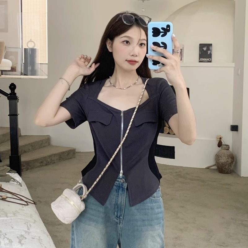 Áo Thun Tay Ngắn Cổ Vuông Có Khóa Kéo Trước Vai Màu Sắc Nhẹ Nhàng Phong Cách Mỹ Thời Trang Mùa Hè Cho Nữ Màu sắc va chạm ôm áo y2k