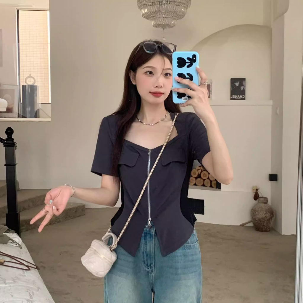 Áo Thun Tay Ngắn Cổ Vuông Có Khóa Kéo Trước Vai Màu Sắc Nhẹ Nhàng Phong Cách Mỹ Thời Trang Mùa Hè Cho Nữ Màu sắc va chạm ôm áo y2k