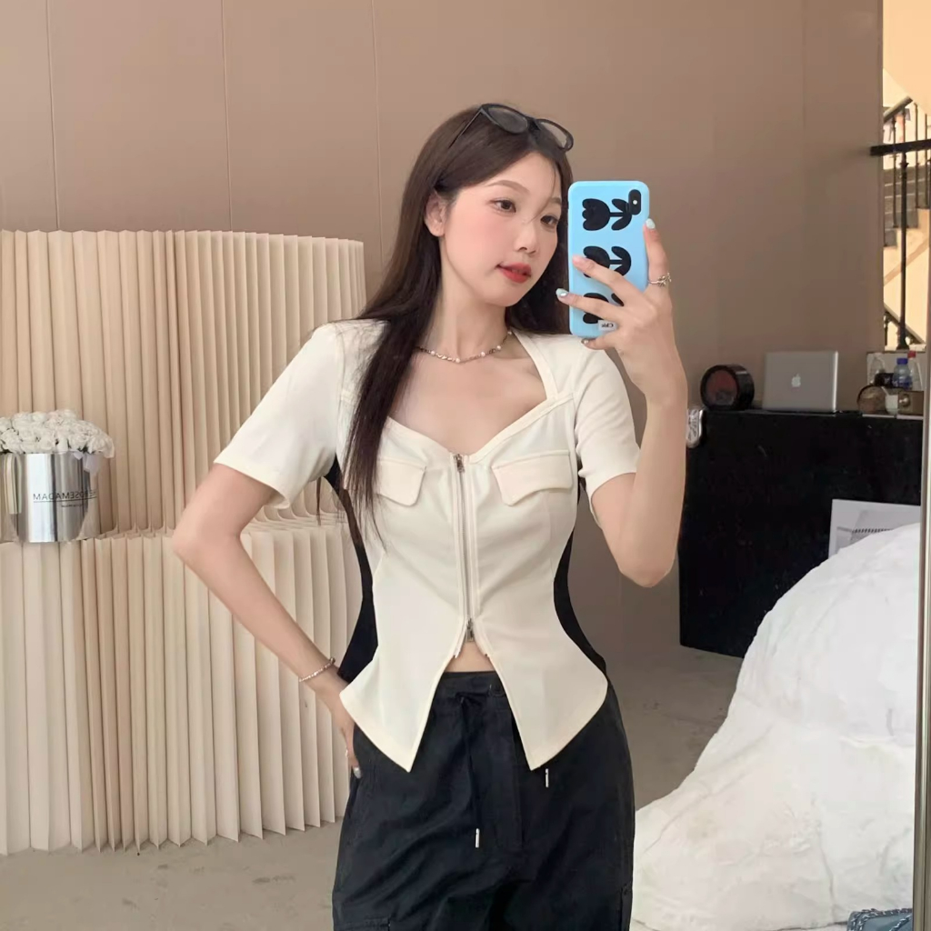 Áo Thun Tay Ngắn Cổ Vuông Có Khóa Kéo Trước Vai Màu Sắc Nhẹ Nhàng Phong Cách Mỹ Thời Trang Mùa Hè Cho Nữ Màu sắc va chạm ôm áo y2k