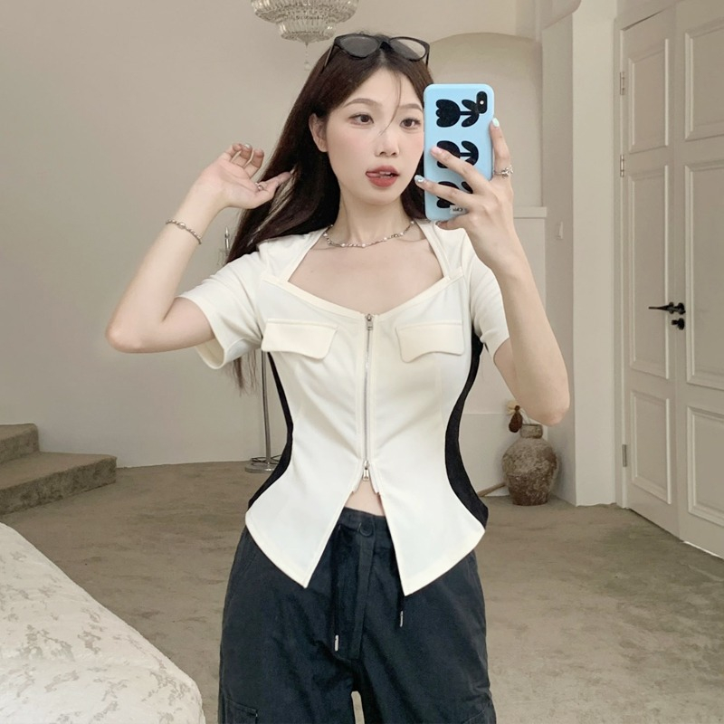 Áo Thun Tay Ngắn Cổ Vuông Có Khóa Kéo Trước Vai Màu Sắc Nhẹ Nhàng Phong Cách Mỹ Thời Trang Mùa Hè Cho Nữ Màu sắc va chạm ôm áo y2k