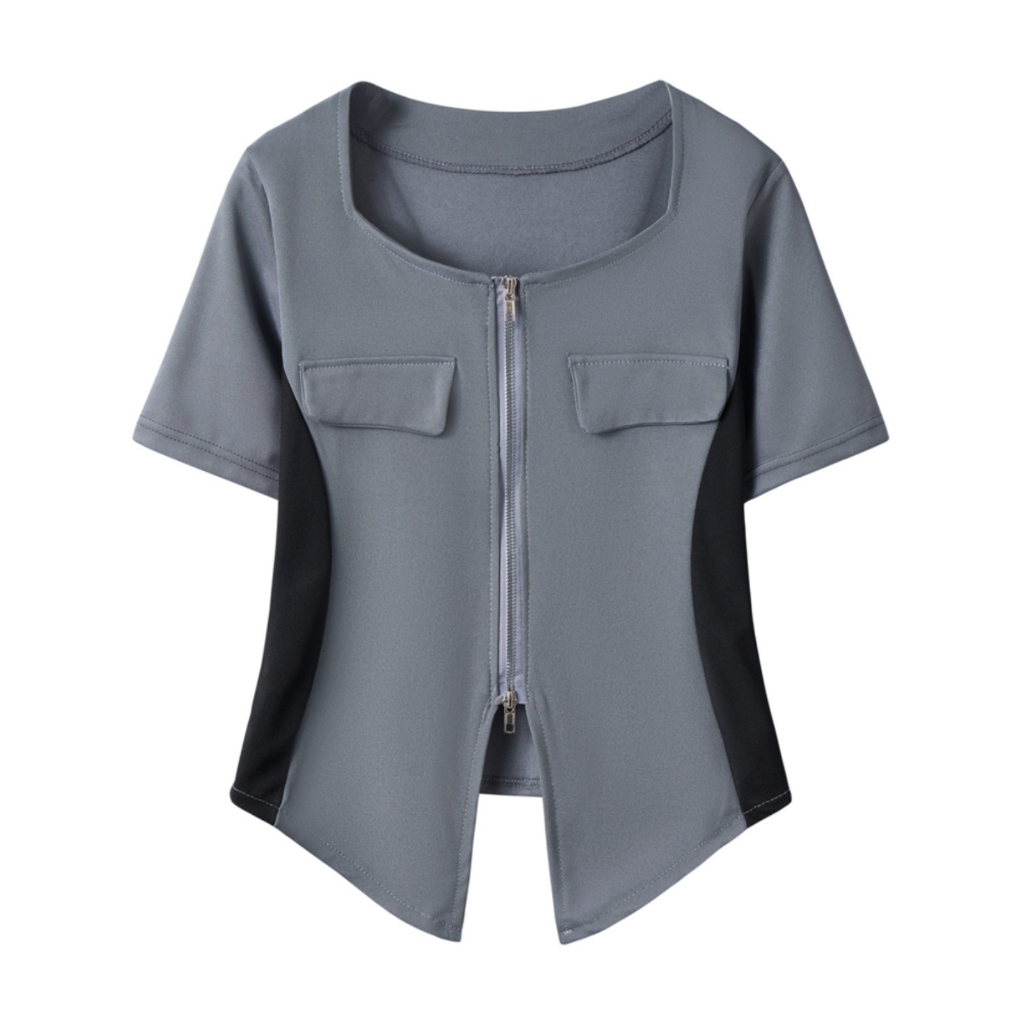 Áo Thun Tay Ngắn Cổ Vuông Có Khóa Kéo Trước Vai Màu Sắc Nhẹ Nhàng Phong Cách Mỹ Thời Trang Mùa Hè Cho Nữ Màu sắc va chạm ôm áo y2k
