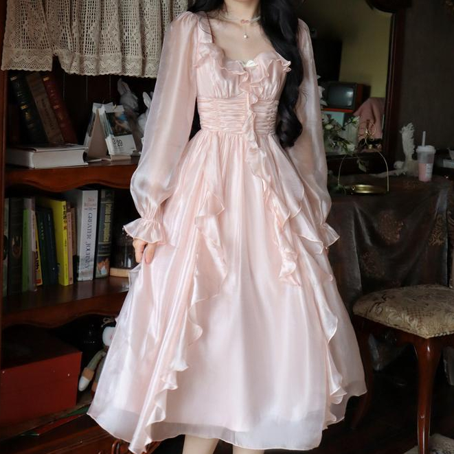 Đầm Dài Tay Eo Cao Ôm Dáng Phong Cách Pháp Ngọt Ngào Thời Trang Mới Cho Nữ