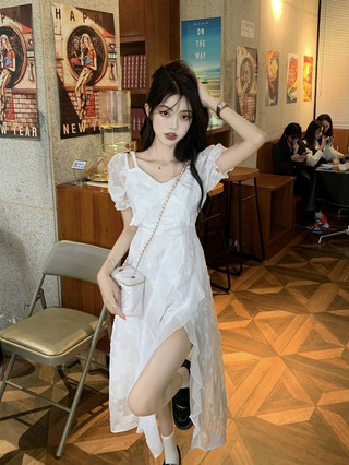Đầm Sugemiusi Trắng Mùa Hè Ôm Eo Tay Ngắn Viền Bèo Mỏng Phong Cách Mới Cho Nữ