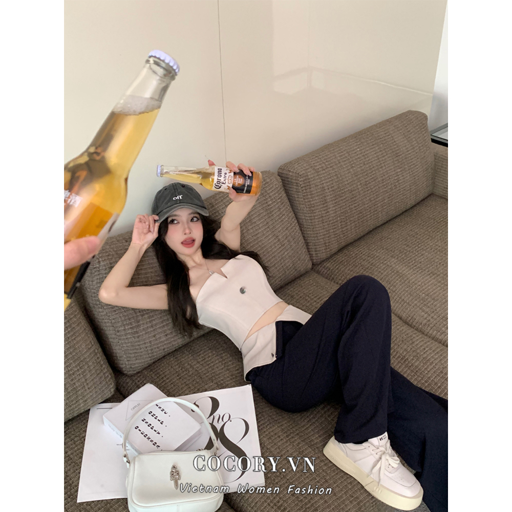 Cocory vn Áo Bra / Quần Dài Lưng Cao Dáng Rộng Thời Trang Mùa Hè Dành Cho Nữ