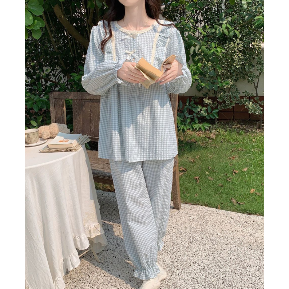 Bộ đồ ngủ JSC tay dài phối ren họa tiết kẻ sọc phong cách Nhật Bản thời trang xuân thu cho nữ