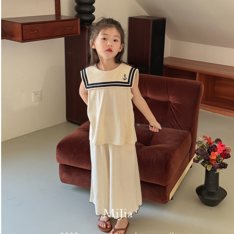 Bộ Áo Thủy Thủ Màu Trơn + Quần Ống Loe Rộng Phong Cách Hàn Quốc Thời Trang Mùa Hè Cho Bé Gái 3-14 Tuổi