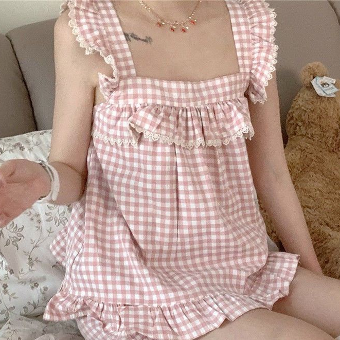 Jiashucheng Bộ Đồ Ngủ Áo Hai Dây Phối Quần Short Họa Tiết Caro Dễ Thương Thời Trang Mùa Hè Cho Bạn Gái