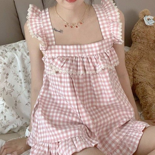 Jiashucheng Bộ Đồ Ngủ Áo Hai Dây Phối Quần Short Họa Tiết Caro Dễ Thương Thời Trang Mùa Hè Cho Bạn Gái