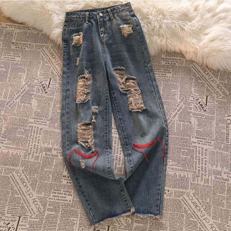Jiashucheng Quần Jean Dài Dáng Rộng Phối Rách Kiểu Đường Phố Cá Tính Dễ Phối Đồ