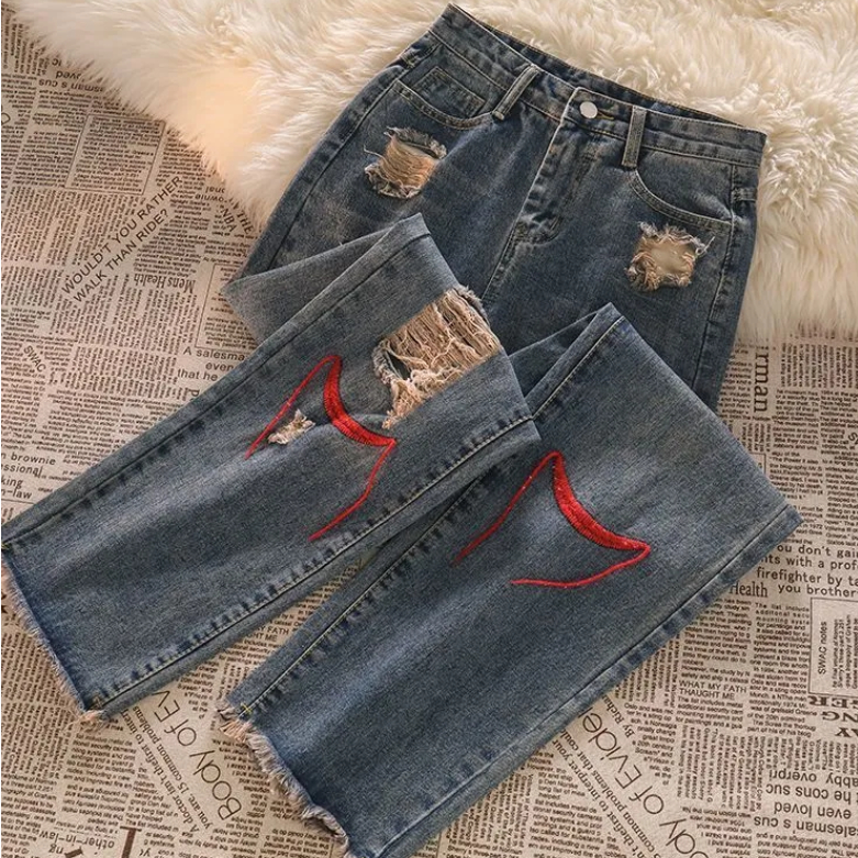 Jiashucheng Quần Jean Dài Dáng Rộng Phối Rách Kiểu Đường Phố Cá Tính Dễ Phối Đồ