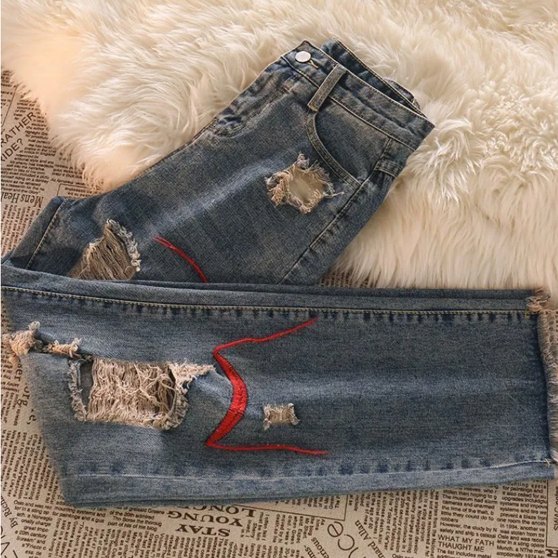 Jiashucheng Quần Jean Dài Dáng Rộng Phối Rách Kiểu Đường Phố Cá Tính Dễ Phối Đồ