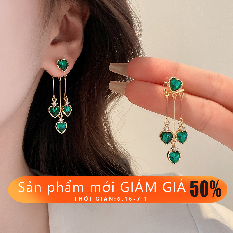 DREJEW Khuyên Tai Tua Rua Hình Trái Tim Đính Kim Cương Giả Màu Bạc Thời Trang Phong Cách Cổ Điển