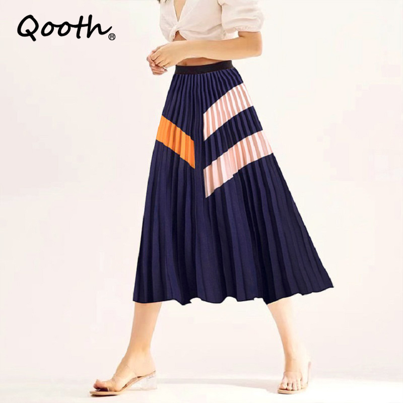 Qooth Nữ Lưng Thun In Hình Chân Váy Chữ A Cao Cấp Thanh Lịch Trung Dài Váy Xếp Ly Cho Mùa Xuân Hè QT2122