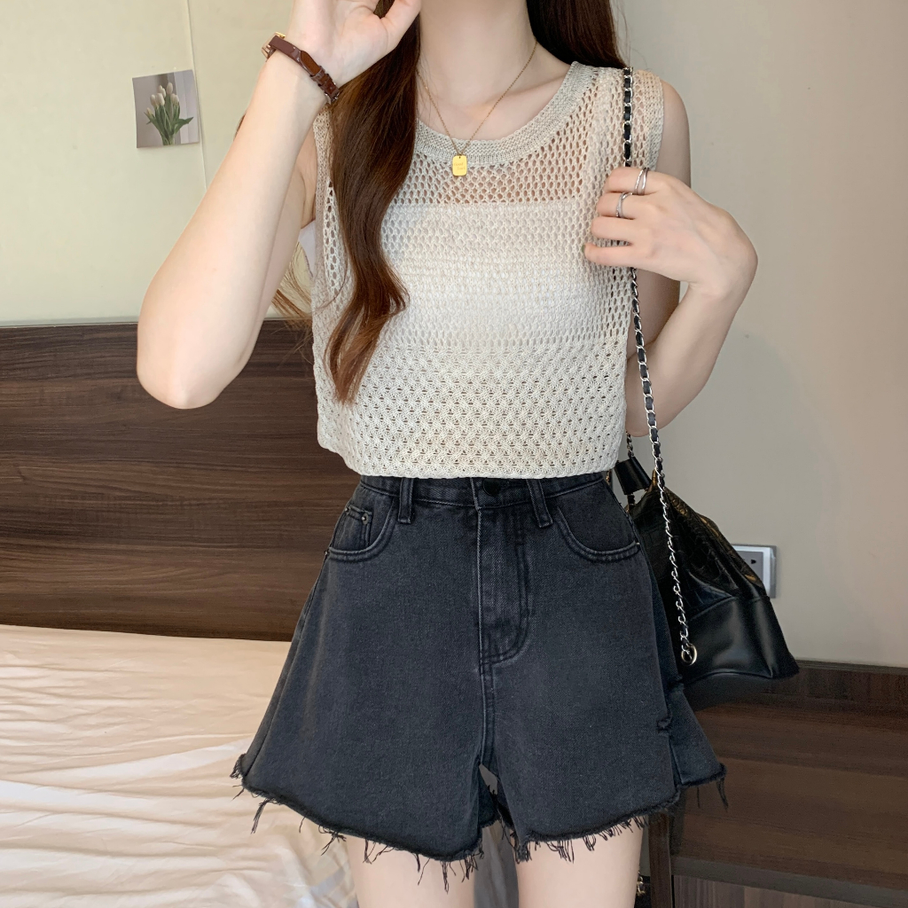 QADCOL Áo Sát Nách Lưới Mỏng Dáng Rộng Khoét Rỗng Kiểu Pháp Thời Trang Mùa Hè Mới