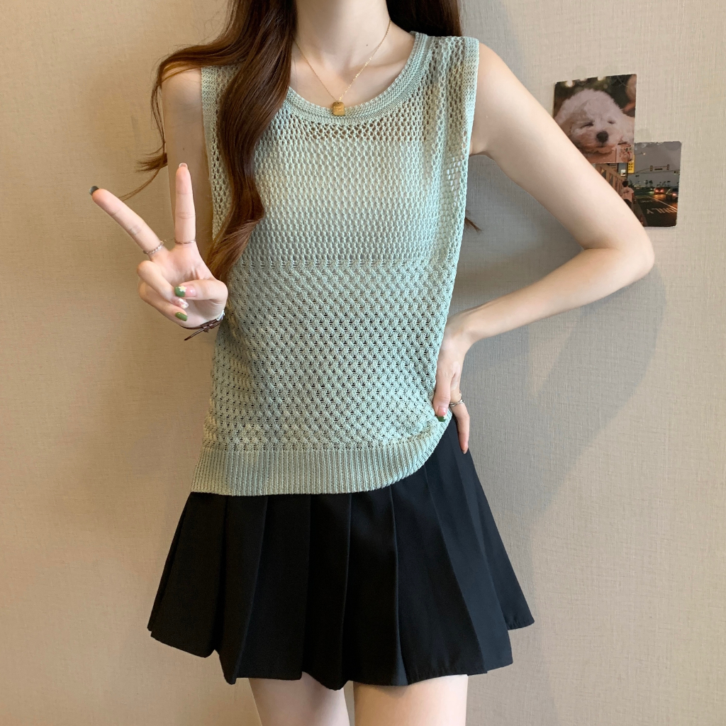 QADCOL Áo Sát Nách Lưới Mỏng Dáng Rộng Khoét Rỗng Kiểu Pháp Thời Trang Mùa Hè Mới