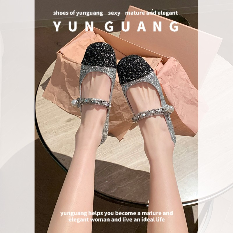 Giày búp bê YUNGUANG mũi tròn đính ngọc trai thời trang nữ