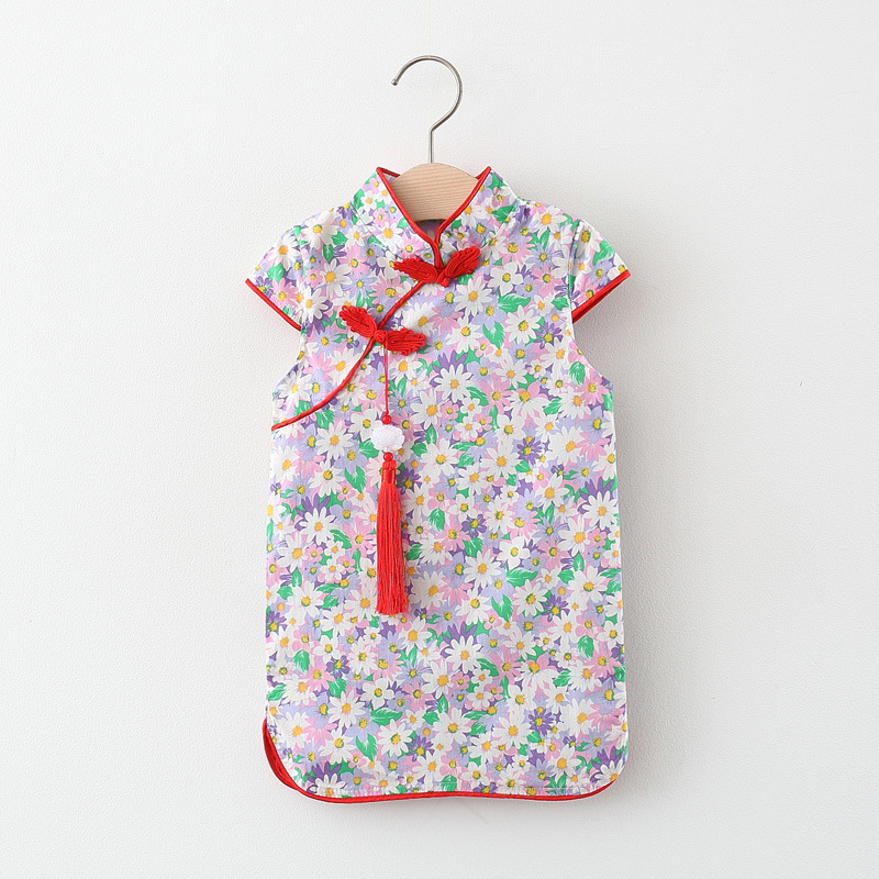 Đầm Sườn Xám Cotton In Họa Tiết Dễ Thương Phong Cách Truyền Thống Trung Hoa Dành Cho Bé Gái
