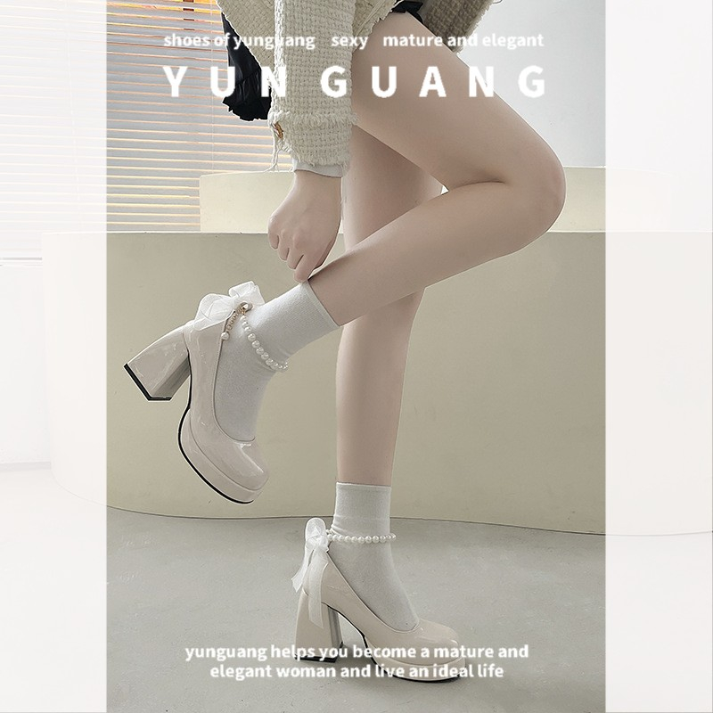Giày Cao Gót Mary Jane Đế Dày Đính Nơ Ngọc Trai Phong Cách Retro Mới Cho Nữ
