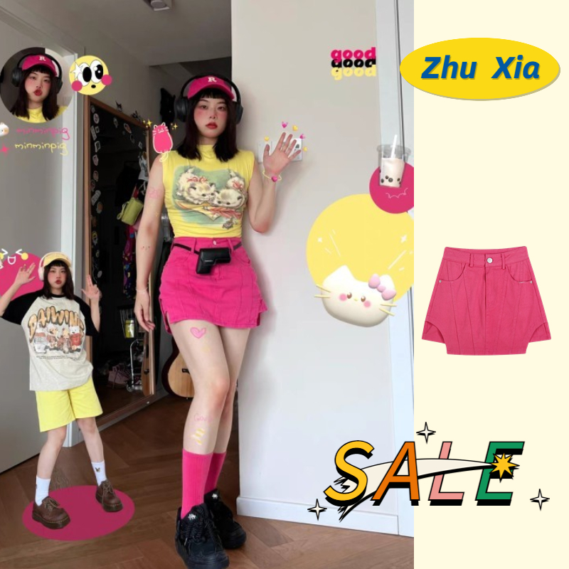 ZhuXia Set Áo Thun Ngắn Tay + Chân váy jean Lưng Cao Thời Trang Hàn Quốc Mới Cho Nữ