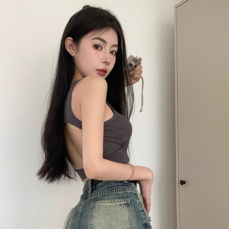 Áo Croptop Thể Thao Màu Trơn Cổ Tròn Có Mút Đệm Ngực Hở Lưng Thời Trang Mùa Hè Cho Nữ