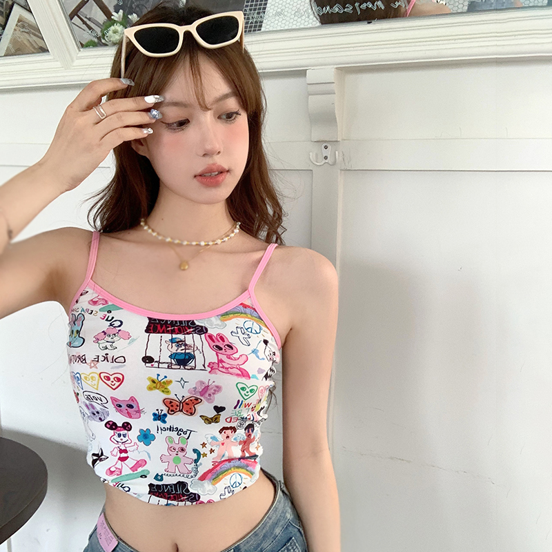 Áo Croptop Hai Dây In Họa Tiết Hoạt Hình Phong Cách Mỹ Thời Trang Mùa Hè Cho Nữ