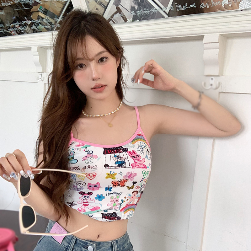 Áo Croptop Hai Dây In Họa Tiết Hoạt Hình Phong Cách Mỹ Thời Trang Mùa Hè Cho Nữ
