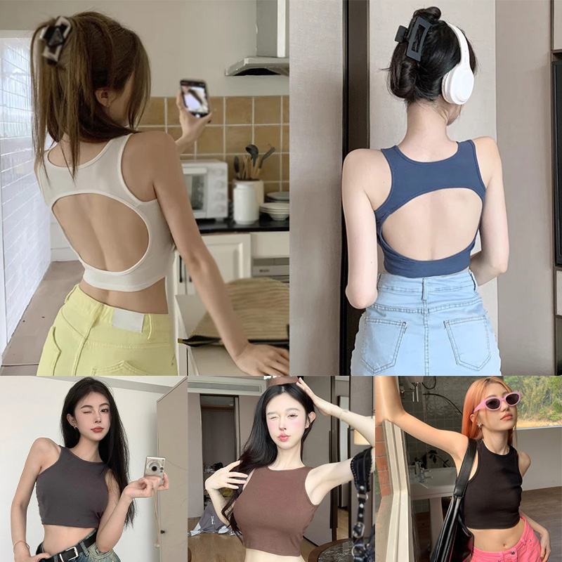 Áo Croptop Thể Thao Màu Trơn Cổ Tròn Có Mút Đệm Ngực Hở Lưng Thời Trang Mùa Hè Cho Nữ