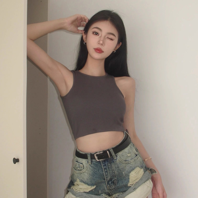 Áo Croptop Thể Thao Màu Trơn Cổ Tròn Có Mút Đệm Ngực Hở Lưng Thời Trang Mùa Hè Cho Nữ