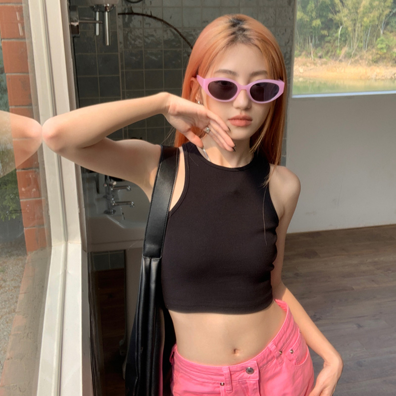 Áo Croptop Thể Thao Màu Trơn Cổ Tròn Có Mút Đệm Ngực Hở Lưng Thời Trang Mùa Hè Cho Nữ