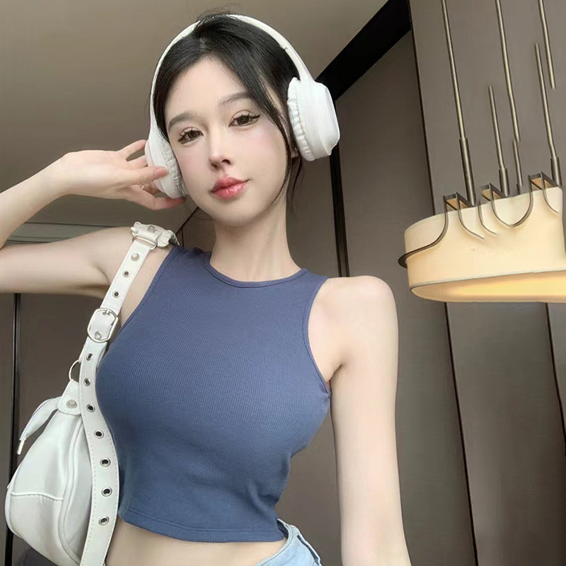 Áo Croptop Thể Thao Màu Trơn Cổ Tròn Có Mút Đệm Ngực Hở Lưng Thời Trang Mùa Hè Cho Nữ