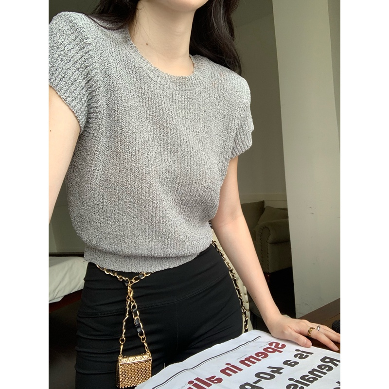 ZHELIHANGFEI Áo kiểu dệt kim tay ngắn màu xám/ đen/ trắng phong cách retro mùa hè 2023 thời trang dành cho nữ