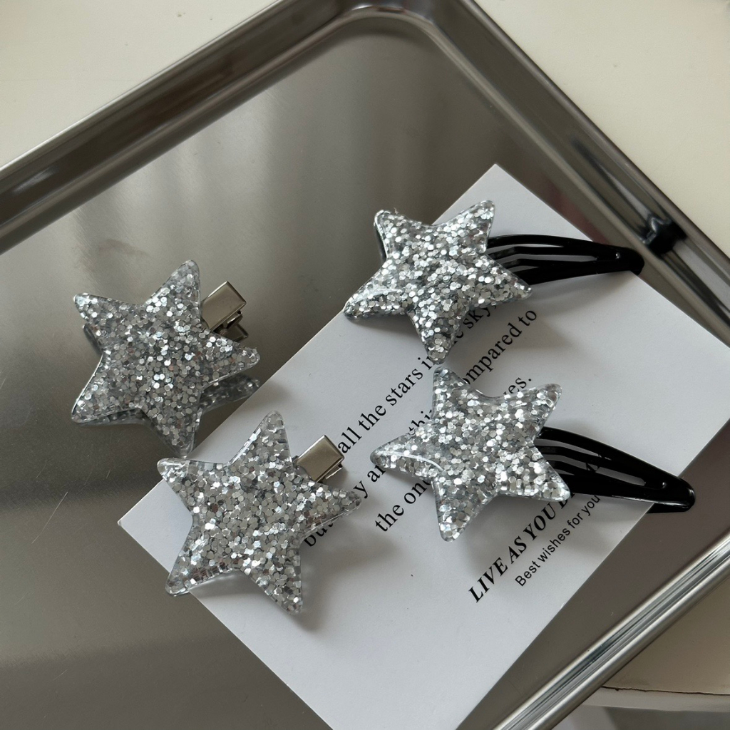 Y2k Kẹp Tóc Mái Ngang Màu Vàng / Bạc Hình Ngôi Sao Ngọt Ngào Phong Cách ins