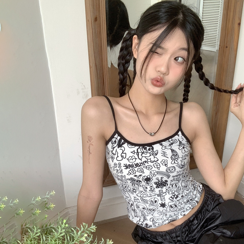 Áo Croptop Hai Dây In Họa Tiết Hoạt Hình Phong Cách Mỹ Thời Trang Mùa Hè Cho Nữ