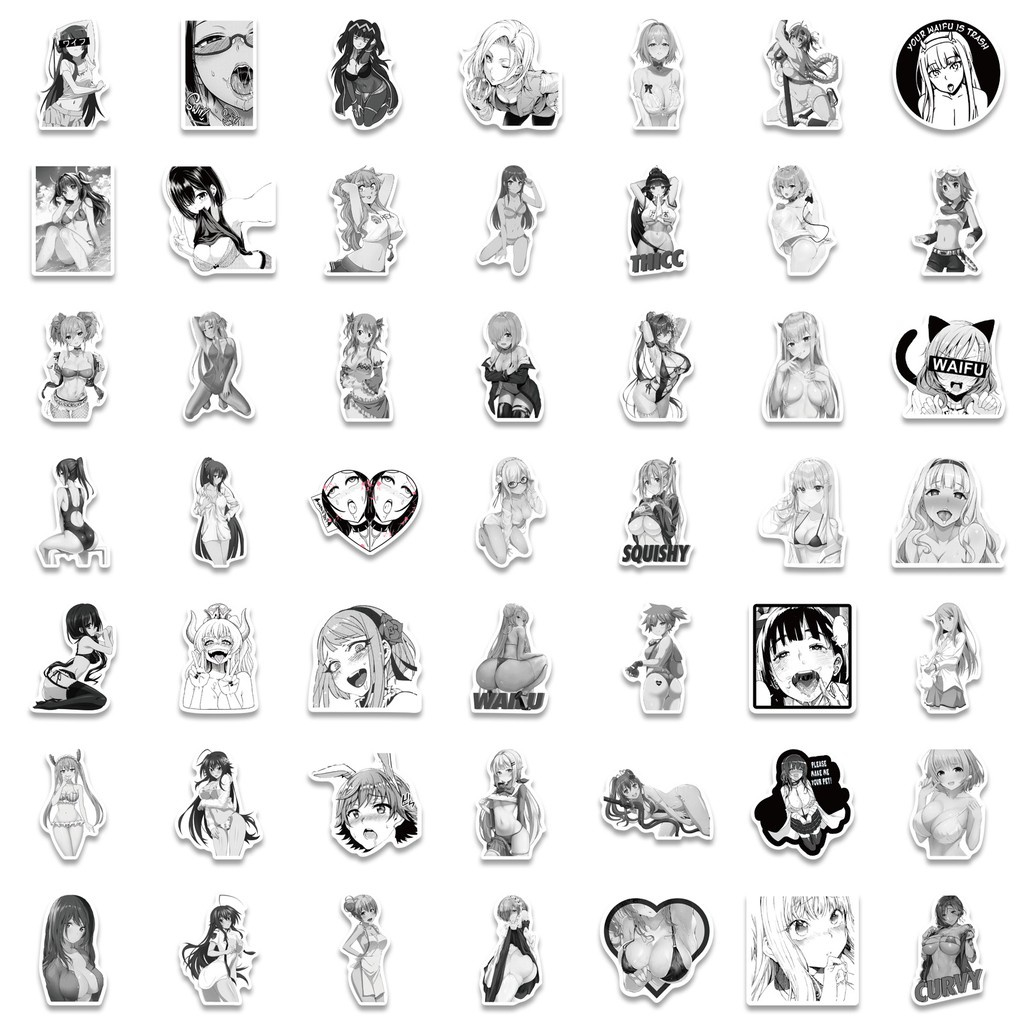 Set 100 / 50 Sticker Họa Tiết Anime Màu Trắng Đen Trang Trí Ván Trượt Laptop Xe Máy Điện Thoại