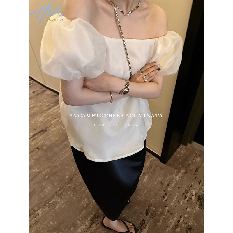 Áo Kiểu Trễ Vai Màu Trơn Phong Cách Pháp Thời Trang Cao Cấp Cho Nữ