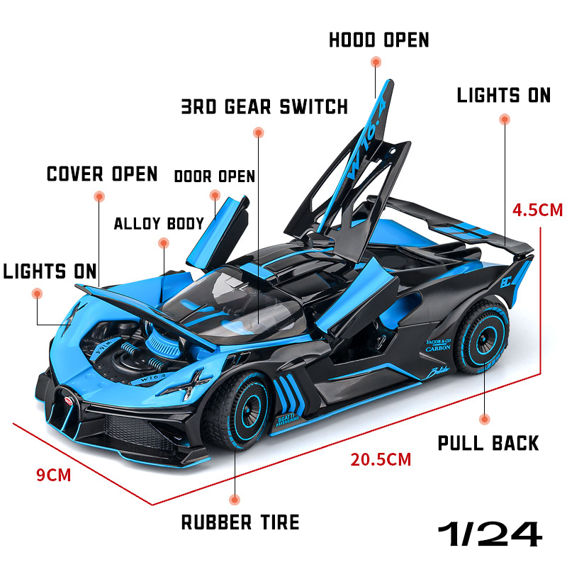 Mô Hình Xe Ô Tô Bugatti Bolide Siêu Nhẹ & Âm Thanh Bằng Hợp Kim 1: 24 Làm Quà Sinh Nhật Cho Bé Trai