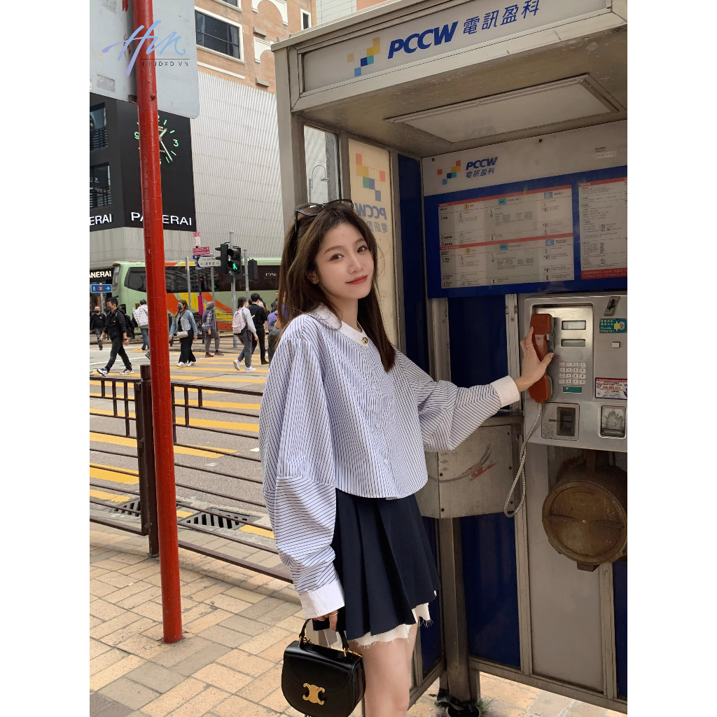 Áo Sơ Mi Tay Ngắn Họa Tiết Sọc Thời Trang Hàn Quốc Dễ Phối Đồ Cho Nữ